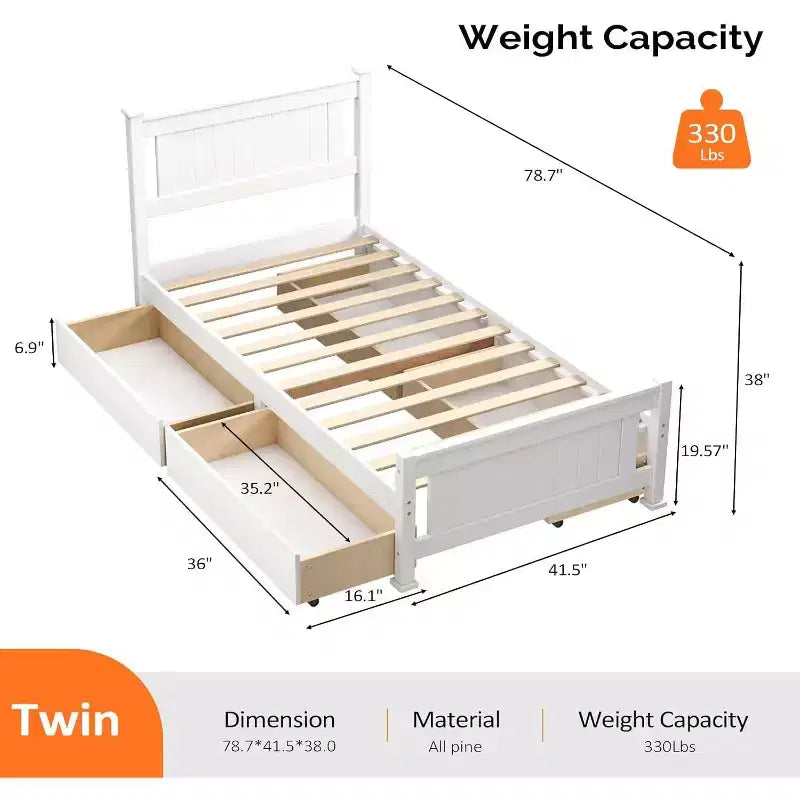 Struttura letto singola con 4 cassetti contenitore, Bianca
