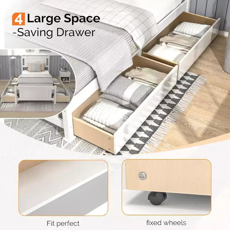 Struttura letto singola con 4 cassetti contenitore, Bianca