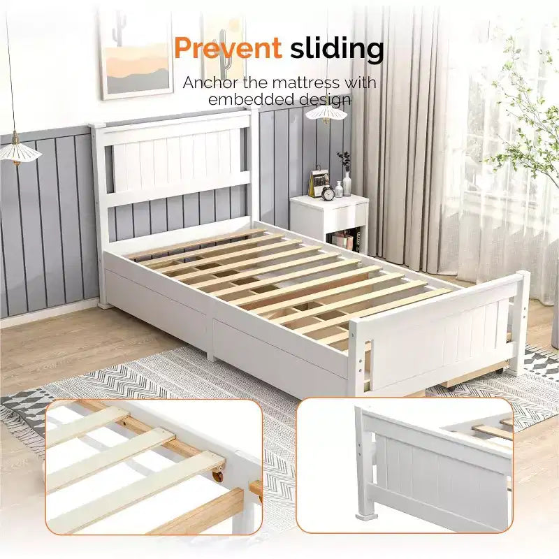 Struttura letto singola con 4 cassetti contenitore, Bianca