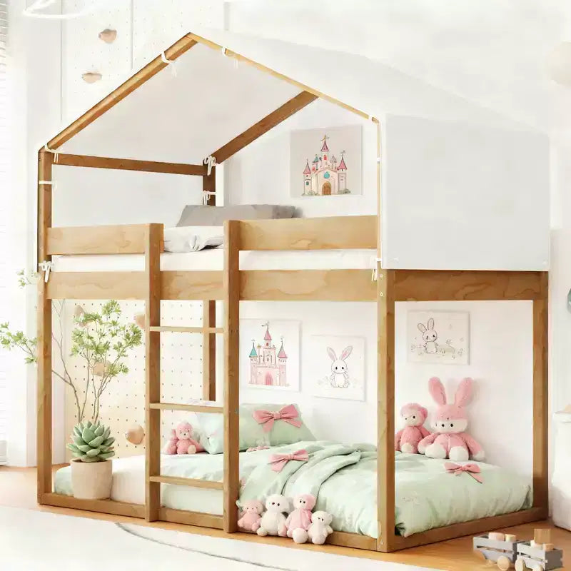 Letto a Castello in Legno Twin Over Twin con Tenda per Bambini