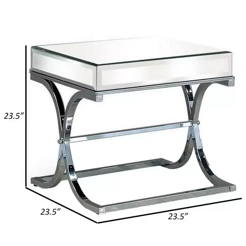 Tavolino/Comodino quadrato a specchio da 60 cm con base in metallo curvato