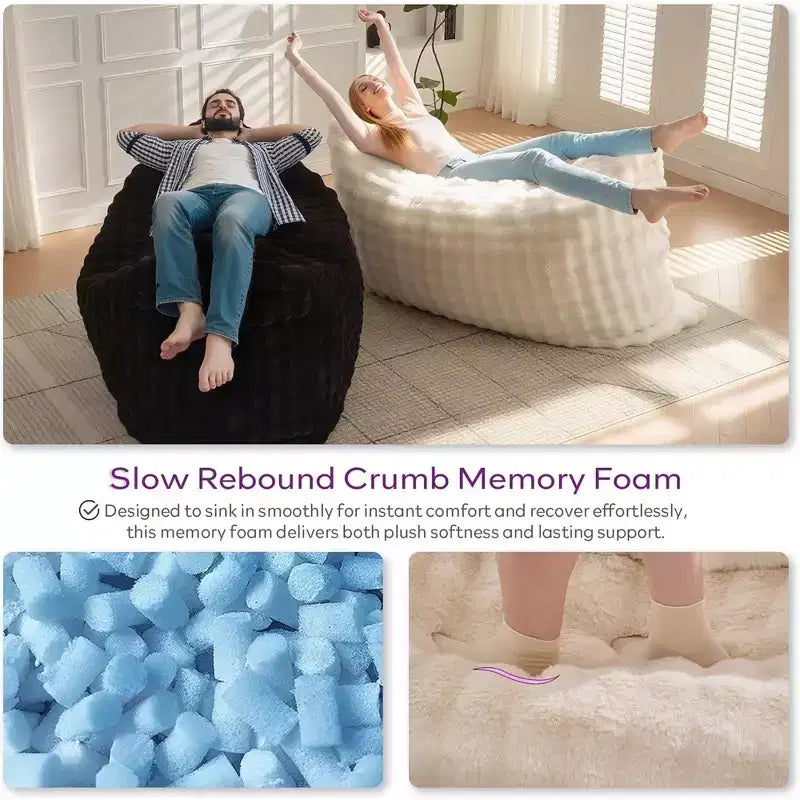 Poltrona sacco gigante 3 in 1 - Divano e materasso convertibile in memory foam, 198x130 cm, in velluto felpato a bolle