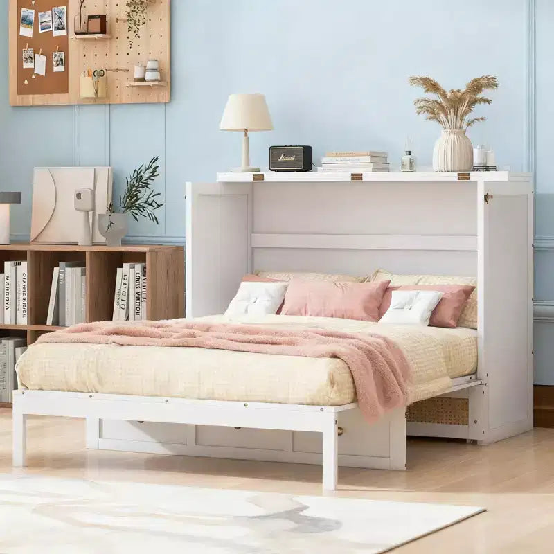 Letto a scomparsa matrimoniale con cassetto contenitore, Mobile letto a parete per camera degli ospiti, appartamento e ufficio
