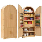 Dispensa da cucina alta 183 cm con parte superiore ad arco, 8 ripiani sullo sportello, 3 ripiani regolabili, cassetto nascosto – Naturale