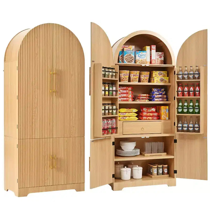 Dispensa da cucina alta 183 cm con parte superiore ad arco, 8 ripiani sullo sportello, 3 ripiani regolabili, cassetto nascosto – Naturale