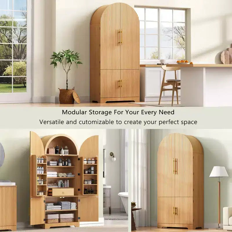 Dispensa da cucina alta 183 cm con parte superiore ad arco, 8 ripiani sullo sportello, 3 ripiani regolabili, cassetto nascosto – Naturale