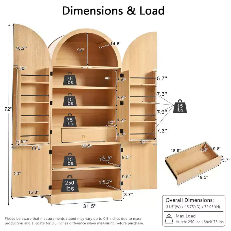 Dispensa da cucina alta 183 cm con parte superiore ad arco, 8 ripiani sullo sportello, 3 ripiani regolabili, cassetto nascosto – Naturale