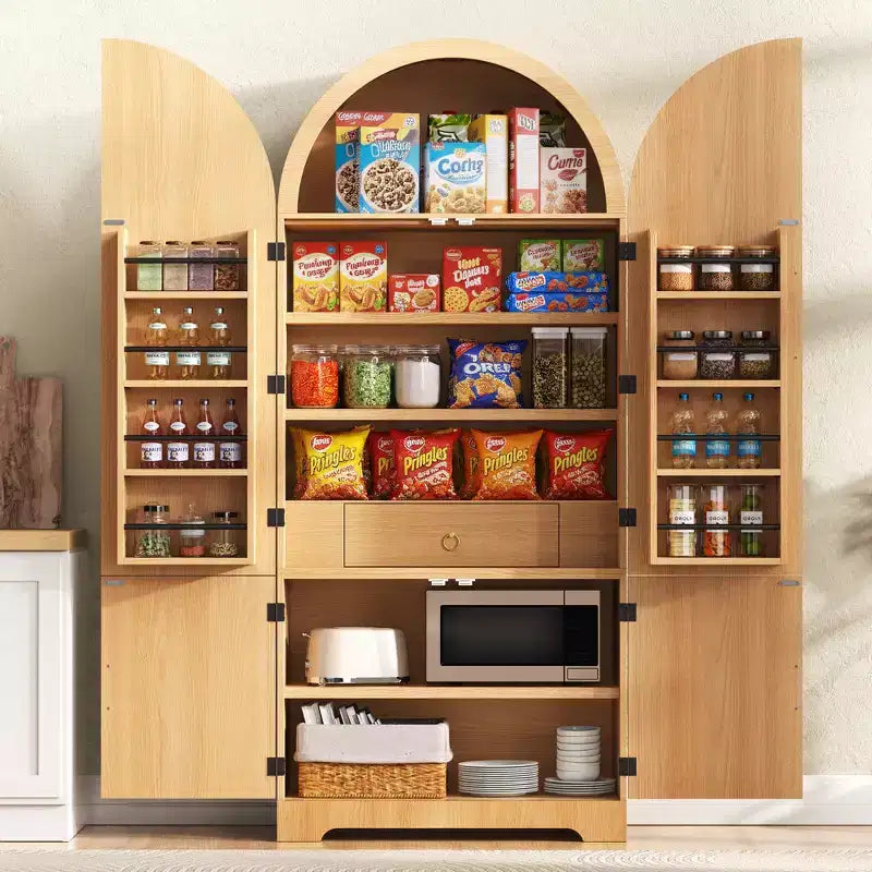 Dispensa da cucina alta 183 cm con parte superiore ad arco, 8 ripiani sullo sportello, 3 ripiani regolabili, cassetto nascosto – Naturale