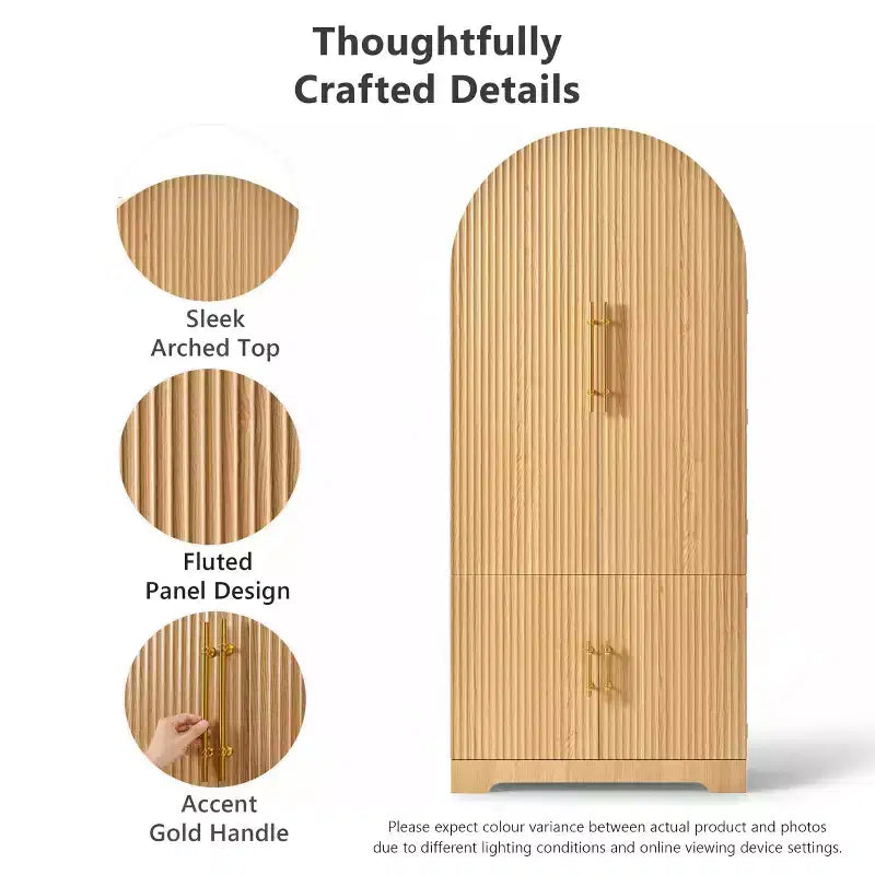 Dispensa da cucina alta 183 cm con parte superiore ad arco, 8 ripiani sullo sportello, 3 ripiani regolabili, cassetto nascosto – Naturale