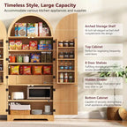 Dispensa da cucina alta 183 cm con parte superiore ad arco, 8 ripiani sullo sportello, 3 ripiani regolabili, cassetto nascosto – Naturale