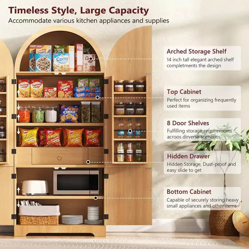 Dispensa da cucina alta 183 cm con parte superiore ad arco, 8 ripiani sullo sportello, 3 ripiani regolabili, cassetto nascosto – Naturale