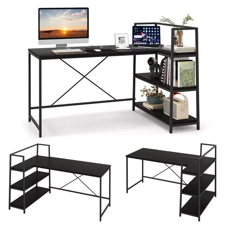 Costway 59 Inch L-Shaped Computer Desk Reversible Corner Desk w/ Open Storage Shelves PC Laptop Desk Black/White + Natural/Black + Walnut