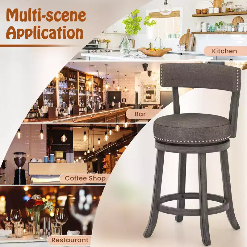 Set di 2 sgabelli da bar altezza bancone con schienale alto, sedile imbottito e girevole a 360°