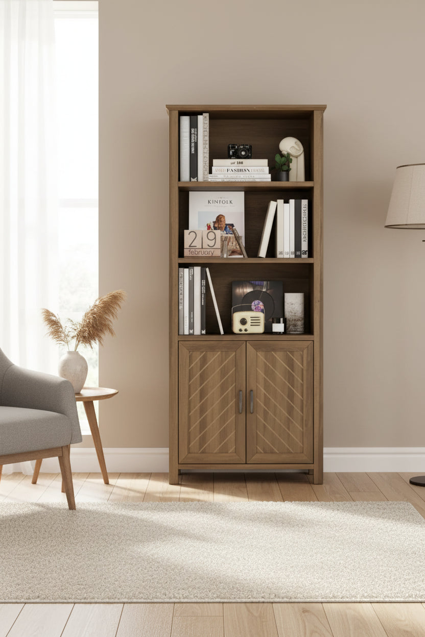 Walnut V-Groove 2-Door 3-Tier Bookshelf for Study
