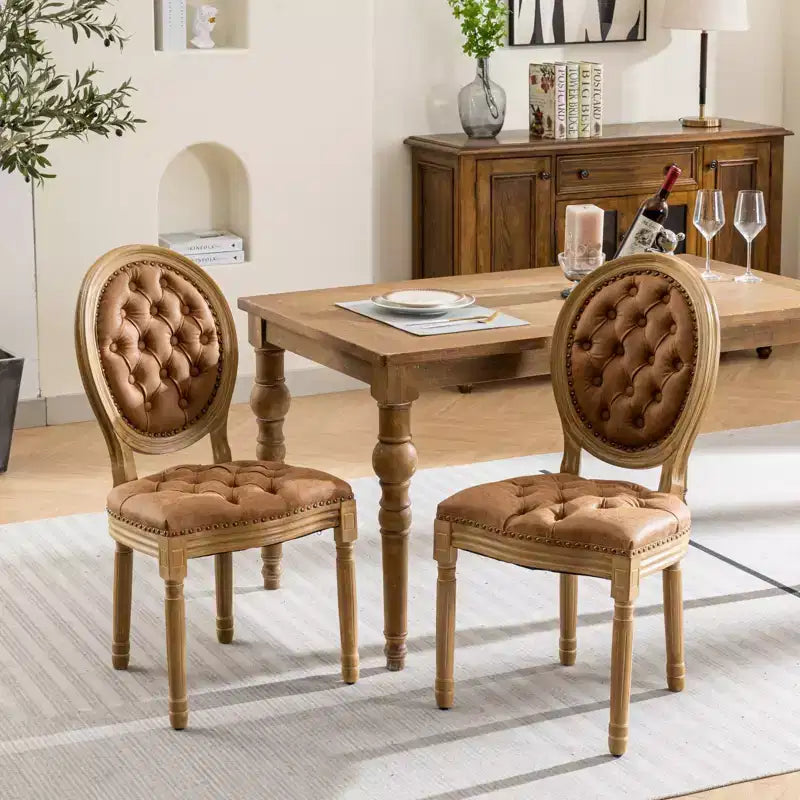 Set di 2 sedie da pranzo con schienale alto rotondo e gambe in legno, rivestite in PU pelle