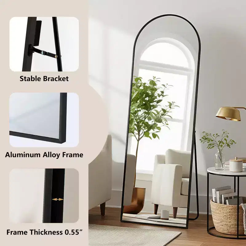 Specchio a figura intera ad arco da 56 pollici con cornice in lega di alluminio e supporto, colore oro