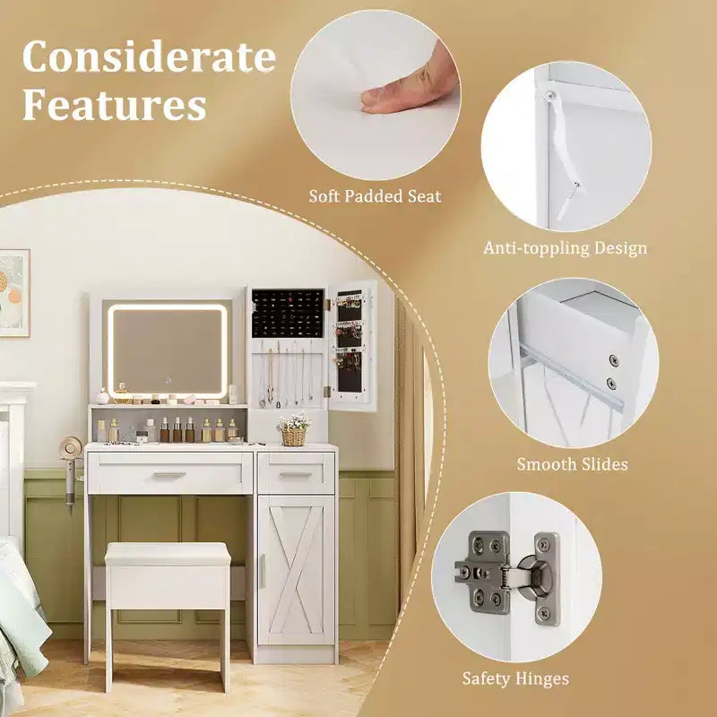 Set toilette rustico con specchio illuminato e sgabello