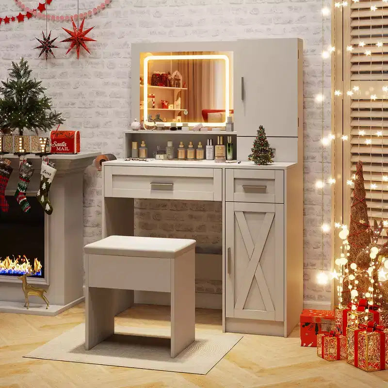 Set toilette rustico con specchio illuminato e sgabello