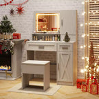 Set toilette rustico con specchio illuminato e sgabello