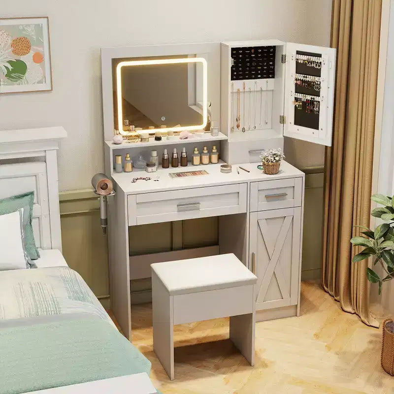Set toilette rustico con specchio illuminato e sgabello