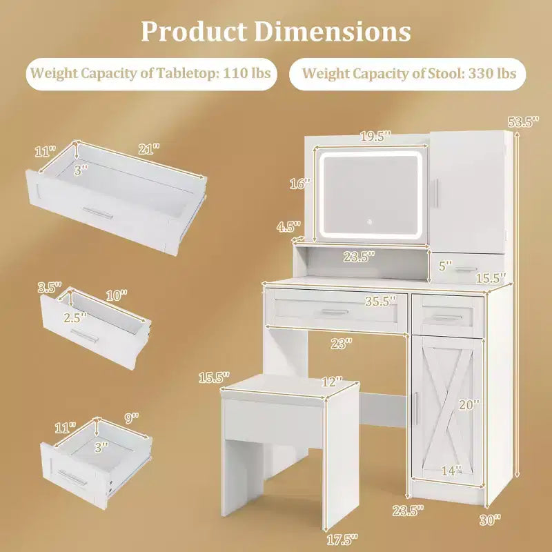 Set toilette rustico con specchio illuminato e sgabello