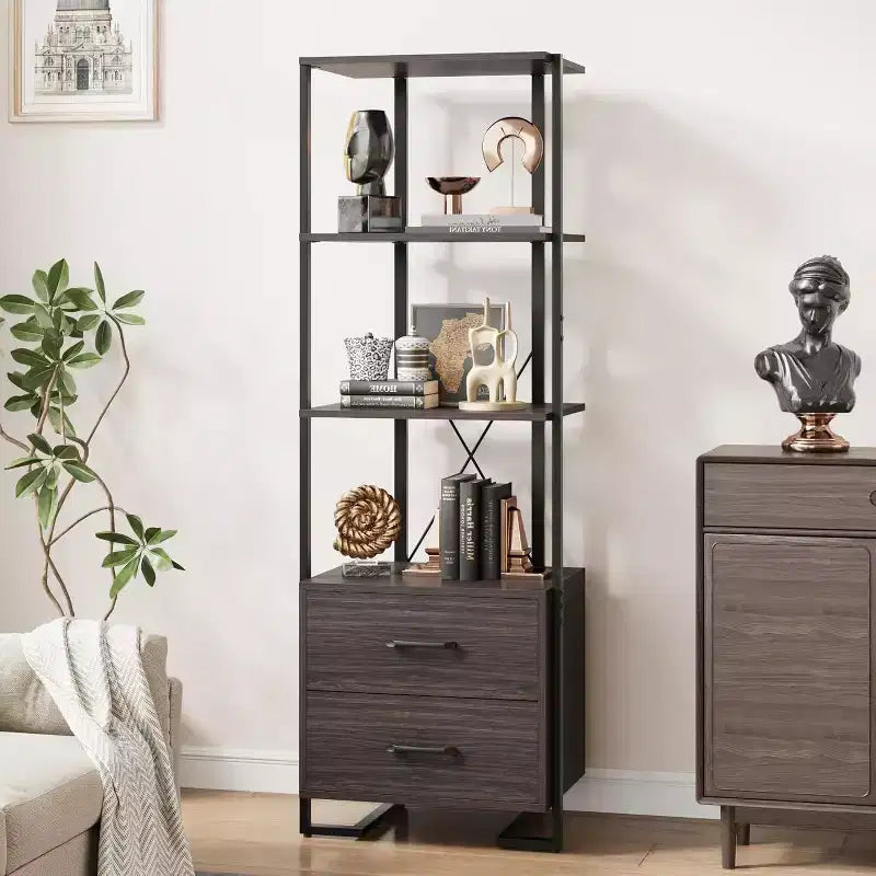 Libreria a scaletta a 5 ripiani con 2 cassetti