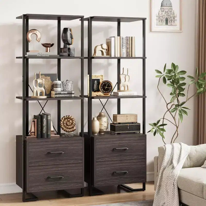 Libreria a scaletta a 5 ripiani con 2 cassetti