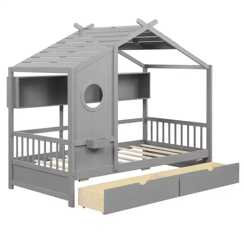 Costway Twin Size House Bed Kids Bed Frame w/ 2 Storage Drawers & Fence Guardrails