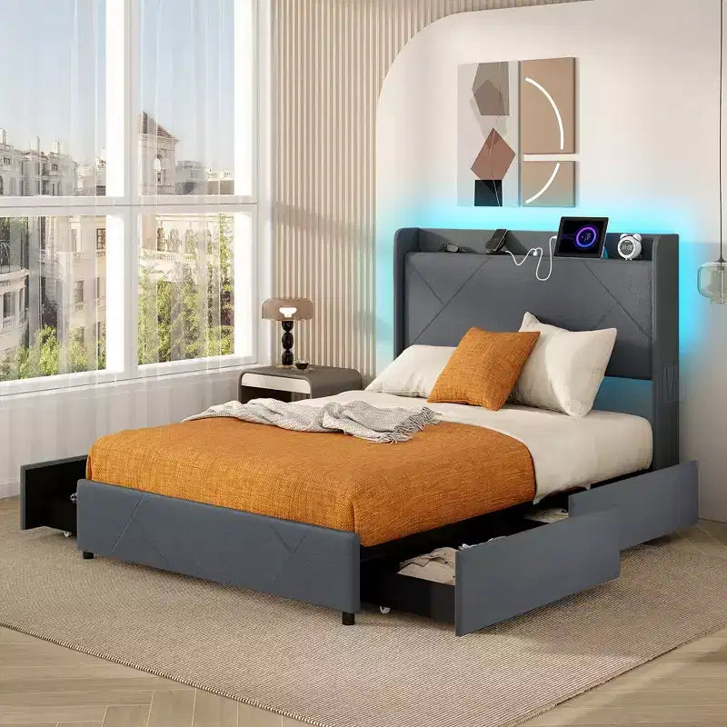 Struttura Letto Imbottita con Luci LED, Stazione di Ricarica e 4 Cassetti Contenitore