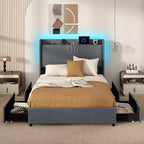 Struttura Letto Imbottita con Luci LED, Stazione di Ricarica e 4 Cassetti Contenitore