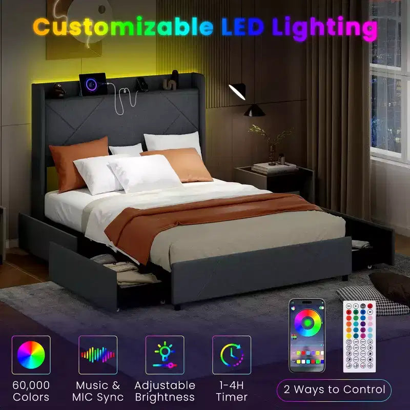 Struttura Letto Imbottita con Luci LED, Stazione di Ricarica e 4 Cassetti Contenitore