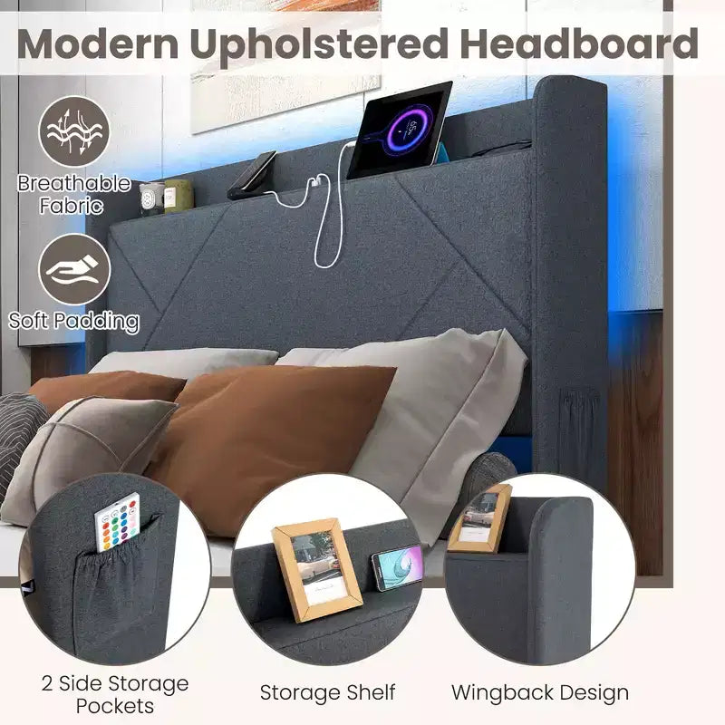 Struttura Letto Imbottita con Luci LED, Stazione di Ricarica e 4 Cassetti Contenitore