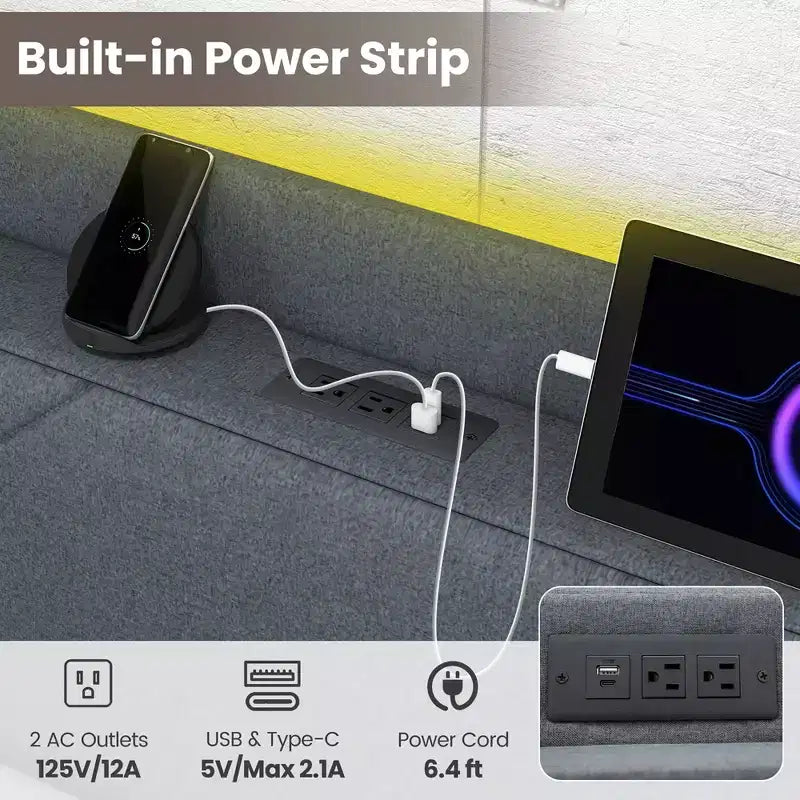 Struttura Letto Imbottita con Luci LED, Stazione di Ricarica e 4 Cassetti Contenitore