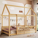 Struttura letto a castello per bambini in pino con tetto a casetta e recinzione – Letto a piattaforma singolo/matrimoniale