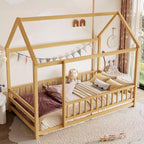 Struttura letto a castello per bambini in pino con tetto a casetta e recinzione – Letto a piattaforma singolo/matrimoniale