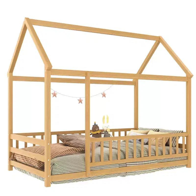 Struttura letto a castello per bambini in pino con tetto a casetta e recinzione – Letto a piattaforma singolo/matrimoniale