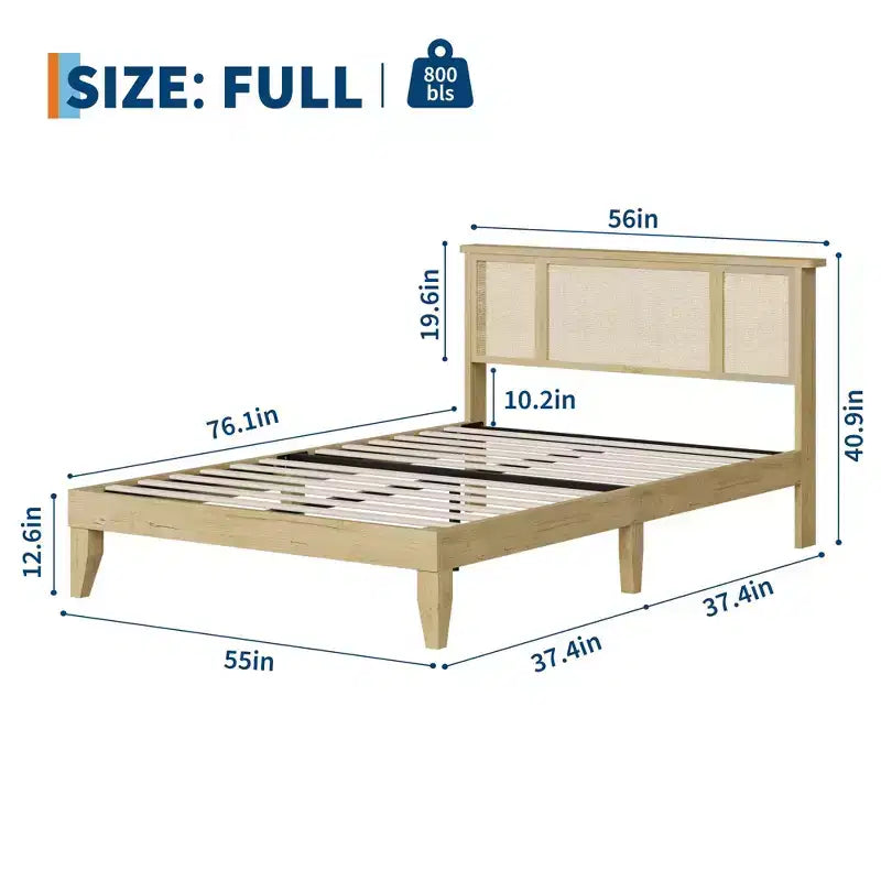 Struttura letto matrimoniale/queen size con testiera in rattan naturale e cassetti contenitore