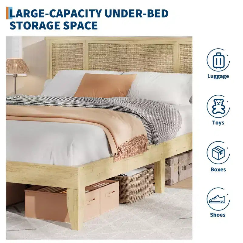 Struttura letto matrimoniale/queen size con testiera in rattan naturale e cassetti contenitore