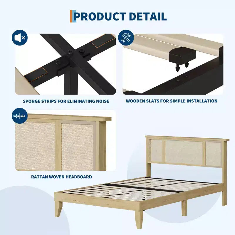 Struttura letto matrimoniale/queen size con testiera in rattan naturale e cassetti contenitore