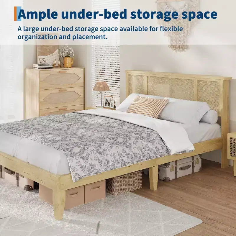 Struttura letto matrimoniale/queen size con testiera in rattan naturale e cassetti contenitore