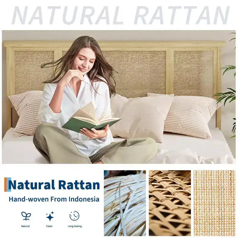 Struttura letto matrimoniale/queen size con testiera in rattan naturale e cassetti contenitore