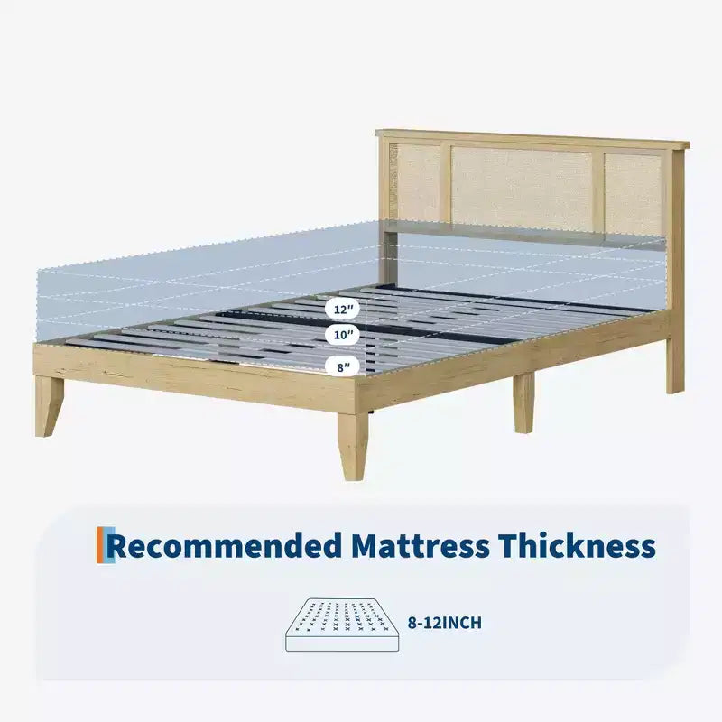Struttura letto matrimoniale/queen size con testiera in rattan naturale e cassetti contenitore