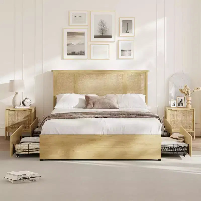 Struttura letto matrimoniale/queen size con testiera in rattan naturale e cassetti contenitore