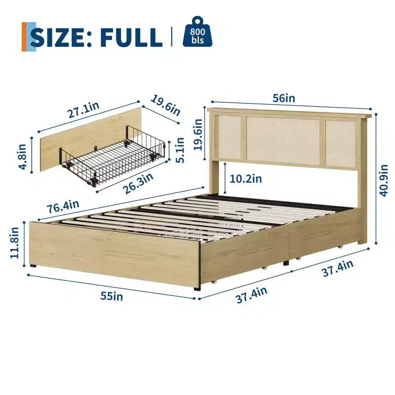 Struttura letto matrimoniale/queen size con testiera in rattan naturale e cassetti contenitore