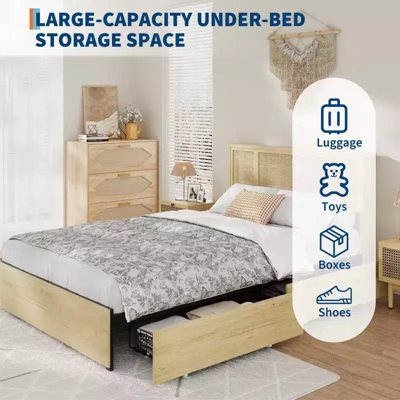 Struttura letto matrimoniale/queen size con testiera in rattan naturale e cassetti contenitore