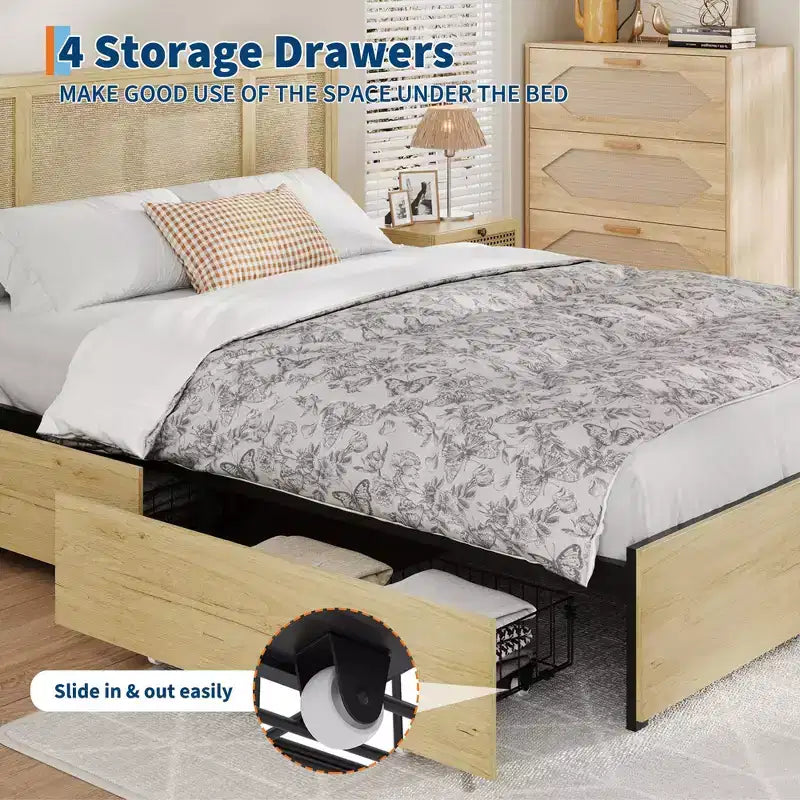 Struttura letto matrimoniale/queen size con testiera in rattan naturale e cassetti contenitore