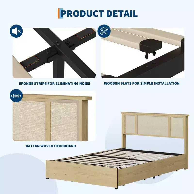 Struttura letto matrimoniale/queen size con testiera in rattan naturale e cassetti contenitore