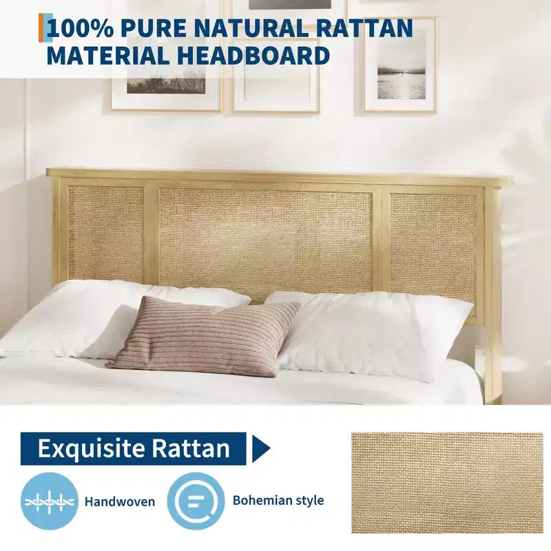 Struttura letto matrimoniale/queen size con testiera in rattan naturale e cassetti contenitore