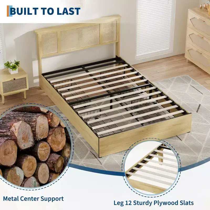 Struttura letto matrimoniale/queen size con testiera in rattan naturale e cassetti contenitore