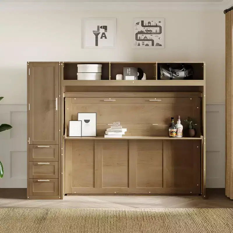 Letto a scomparsa full size con armadio, cassetti e scaffali aperti